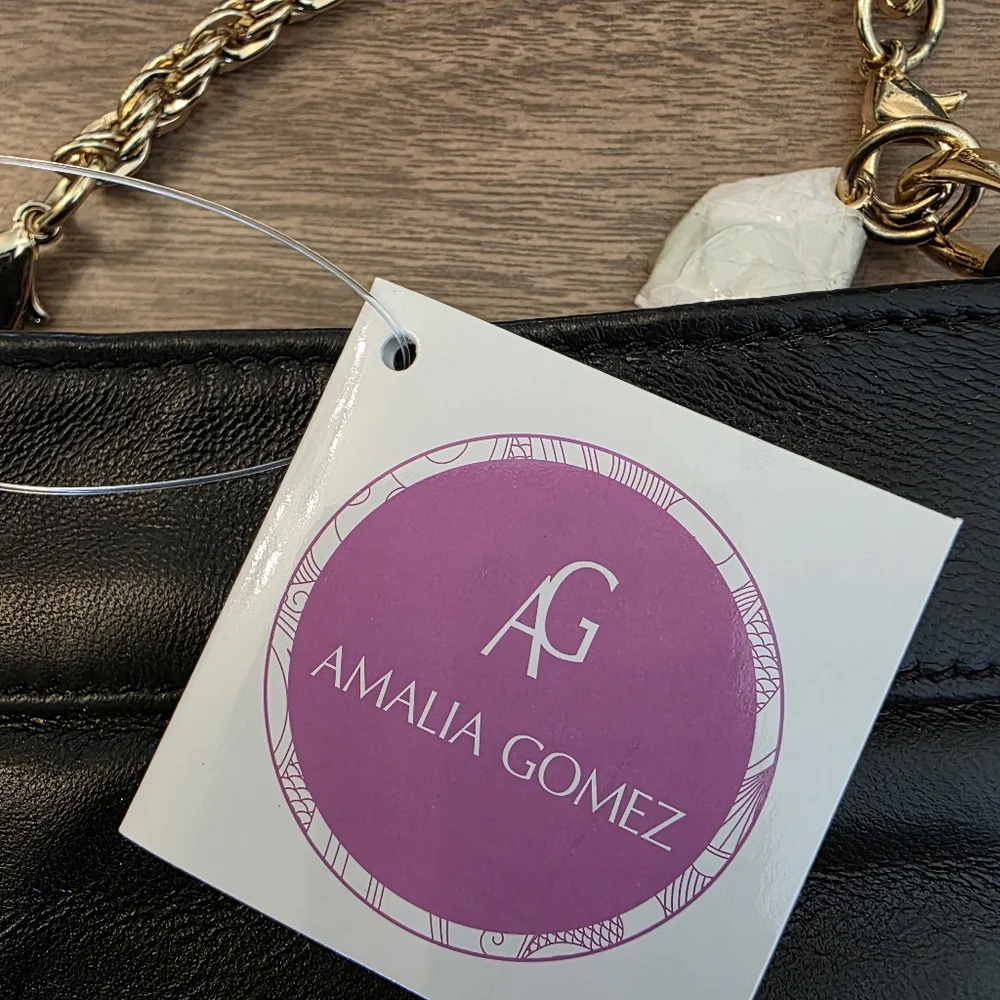 AMALIA GOMEZ Mini Flip bag Black Italian Leather Gold Chain Crossbody New